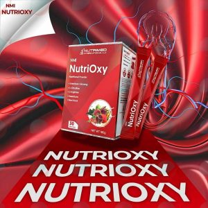 NMI NutriOxy hộp và gói NMI nền vải lụa